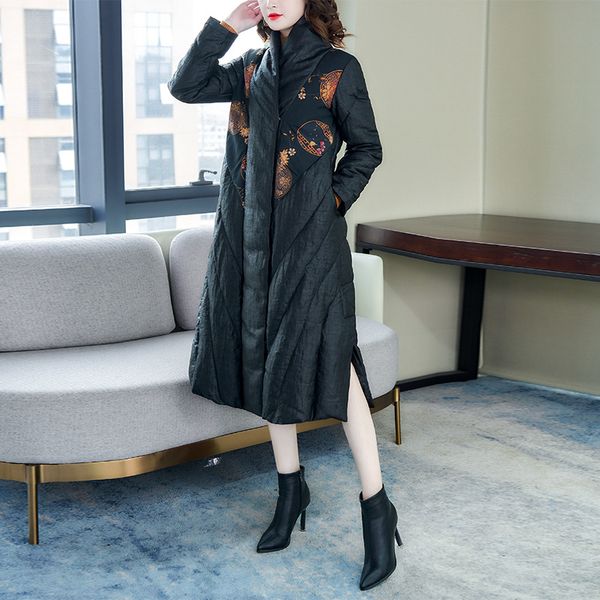 

2019 new style not hooded vintage printed large size over-the-knee down jacket cotton-padded jacket mid-length europe and americ, Blue;black