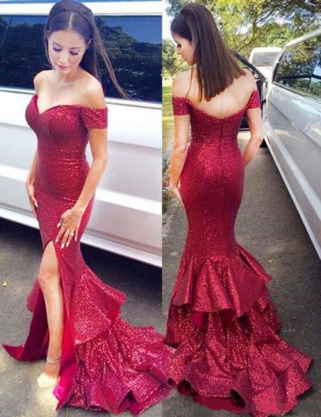 

modest design off the shoulder sweep train red sequined prom dress with ruffles skirt mermaid backless party dress, Black