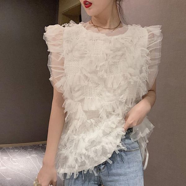 

sleeveless vest blouse women 2019 summer new fashion lace tassel shirt, White