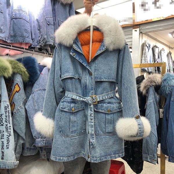 

real fur parka winter denim jacket windbreaker women new cotton padded long coat loose detachable liner thickened overcoat, Black