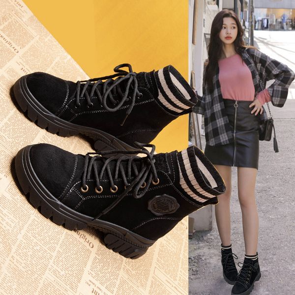 

ankle boots women lace up boots platfrom suede leather height increasing booties female winter warm plush shoes, Black