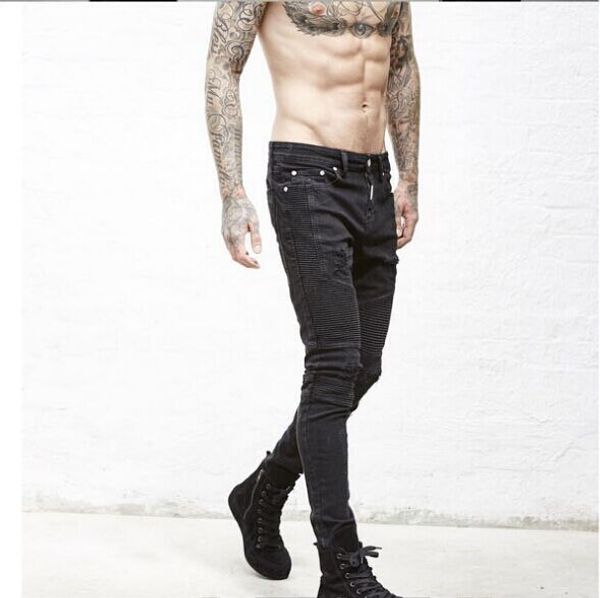 

fashion mens jeans beggar pants brand buttons knee hole frayed ripped dimensional cut jeans for men slim fit biker, Blue