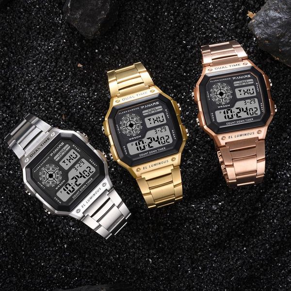 

men's waterproof multi function sports watch square fashion big dial stainless steel strap alarm electronic watch satch, Slivery;brown