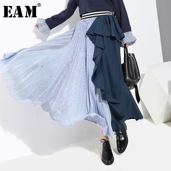 

eam] 2019 new spring high elastic waist black striped ruffles stitch loose irreglar half-body skirt women fashion ji236