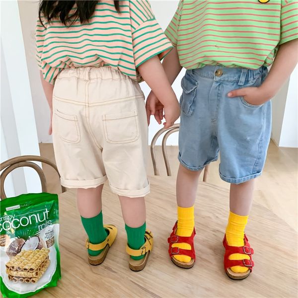 

children's pants 2020 boys' children's small and trousers and bag denim shorts boys' pure color denim shorts fashion, Blue