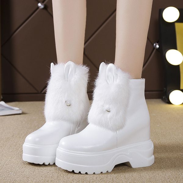 

women boots high heels zipper wedge shoes winter footwear booties ladies plush round toe luxury designer stiletto 2020 ankle, Black
