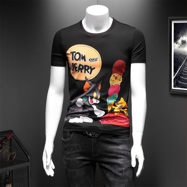 

2020 new summer short-sleeve men's t-shirt tom and terry diamond print crew neck t-shirt men plus size streetwear tees, White;black