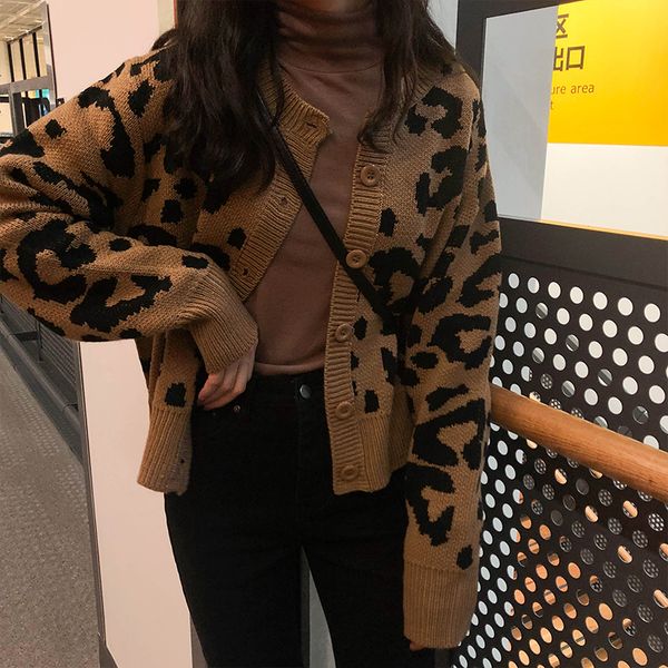 

casual loose retro leopard sweater cardigan, White;black