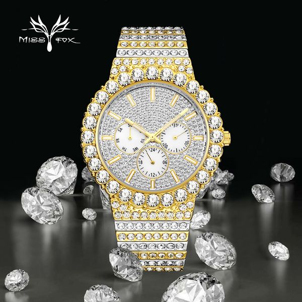 

missfox luxury men's watch large waterproof fashion full diamond dial chronograph brand famous men quartz watches xfcs 2020, Slivery;brown