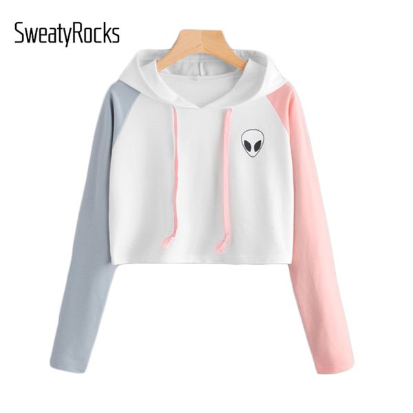

sweatyrocks чужеродных печати с длинным рукавом графический толстовка с капюшоном лоскутная женщины с длинным рукавом растениеводство топ ак, Black
