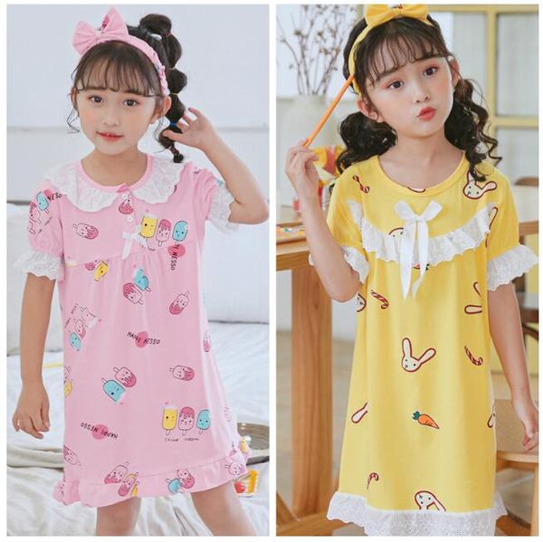 

90-170cm summer cotton children's home wear nightdress big girl baby pajamas parent-child cute lace collar comfortable sleepwear, Red;yellow