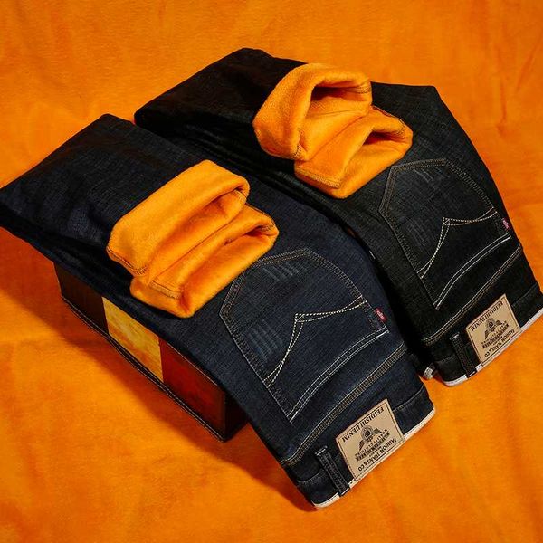 

winter thick jeans men plus velvet thick warm casual pants stretch high waist loose straight winter men's pants, Blue