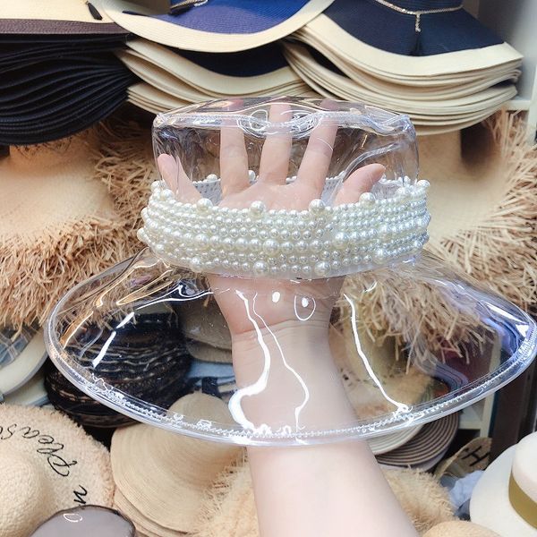 

01908-shi autumn pvc transparency pearl ribbon fashion show lady leisure bucket cap women fishermen hat, Blue;gray
