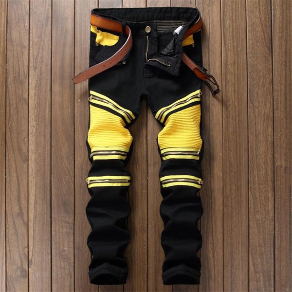 

mens vintage embellished moto pants bling coated black yellow biker jeans slim trousers, pantalones hombre black jeans, Blue