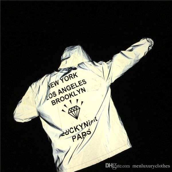 

Men 3M Reflective Jacket Diamond Print Letters NEW YORK BROOKLYN Hooded Loose Casual Coats Windbreaker Jackets