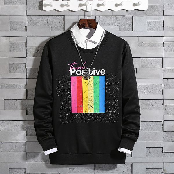 

men's rainbow printed round collar hoodies men oversized loose autumn pullover sweatshirts japanese streetwear hoodie men, Black