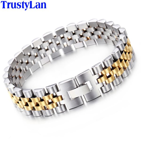 

trustylan 15mm wide chain bracelet men watchband style adjustable mens bracelets never fade gold color jewelry jewellery armband, Golden;silver