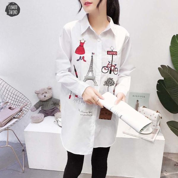 

blouse 2019 new shirt casual wear button up turn down collar long sleeve cotton t8d427m embroidery feminina sale, White