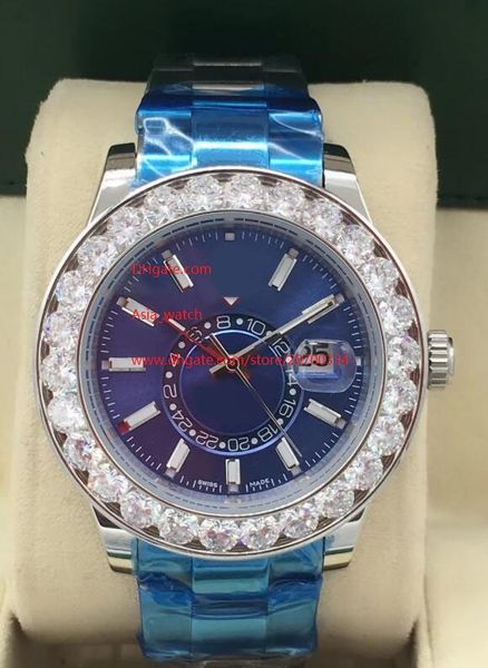 

watch 44mm blue dial sky-dweller date gmt working big diamond bezel stainless steel mechanical automatic mens watches, Slivery;brown