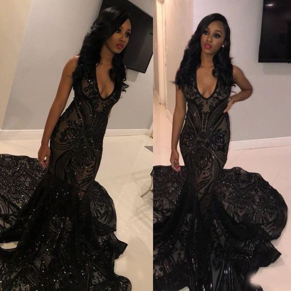 

black mermaid long prom dresses new sleeveless sweep strain sequined v neck formal evening dress party gowns custom made