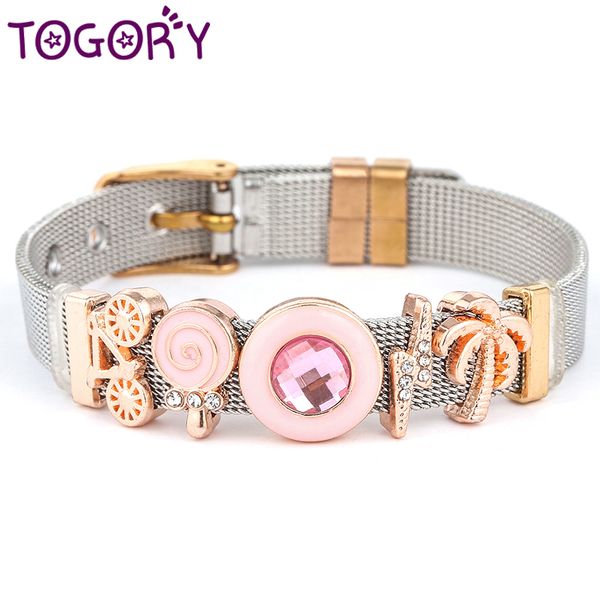 

togory 10mm slide charm bracelet stainless for women men with lollipop & stainless steel mesh bracelet bangle jewelry, Golden;silver