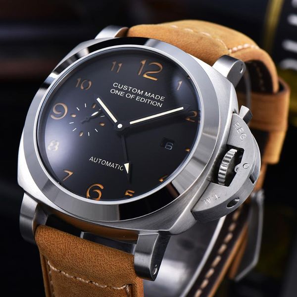 

44mm gmt watch men automatic mechanical power reserve stainless steel luminous waterproof leather strap date watch p03, Slivery;brown