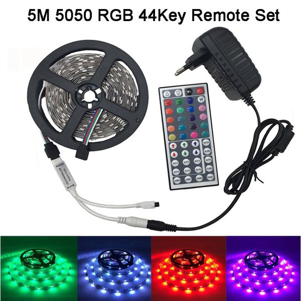 

2835 5050 12v водонепроницаемый rgb led strip lights лента 5m 60leds/m 24 44key пульт дистанционного управления 12v eu us plug 12v 2a 3a ада