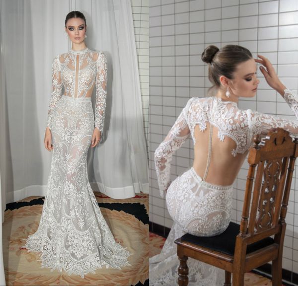 

2019 julie vino mermaid wedding dresses illusion sweep train lace appliqued country bridal gown backless beach boho wedding dress, White
