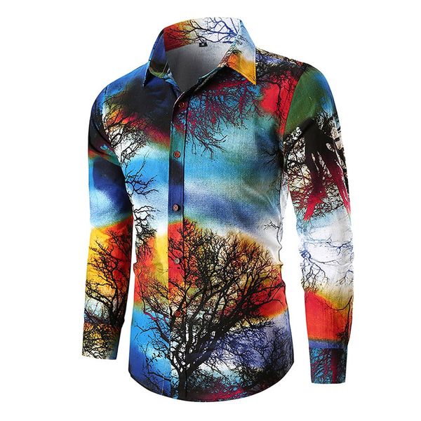

fashion color men shirt casual 3d tree printed slim long sleeves cotton polyester formalÂ wear hawaiian pattern shirts streetwear, White;black