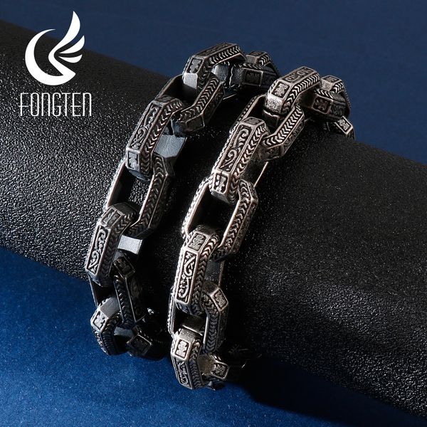 

fongten vintage square bead bracelet men black stainless steel viking punk charms heavy bracelets fashion jewelry, Golden;silver