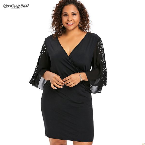 

size plus 5xl flare sleeve overlap v neck dress surplice bodycon women split sleeve sparkly party dresses femme vestidos designer clothes, Black;gray