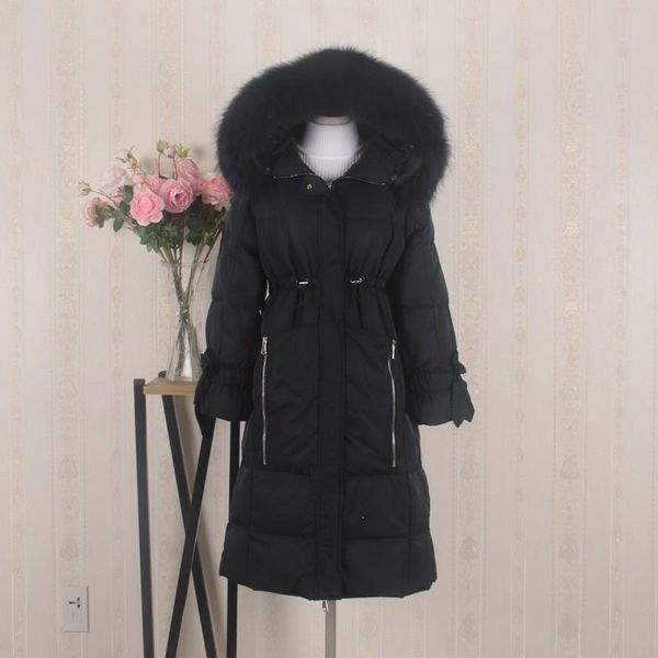 

women warm hooded fur collar jacket bow casual solid lace up long parkas outwear winter loose thick down padded parka, Black