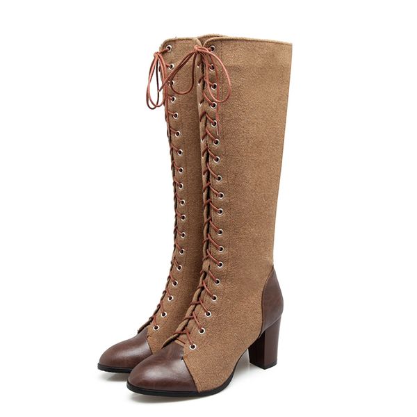 

lucyever 2020 autumn winter women suede boots cross tied lace up knee high knight boots brown cowbow botas mujer, Black