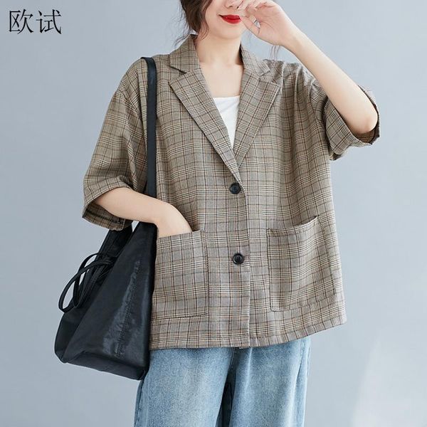 

women's suits & blazers plus size plaid blazer jacket women half sleeve coat casual spring autumn womens cardigan korean 2021 oversized, White;black