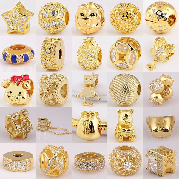 

charms gold color shine pig lion robot theodore bear ingot money bag crown charm fit original bracelet 925 sterling silver beads, Bronze;silver