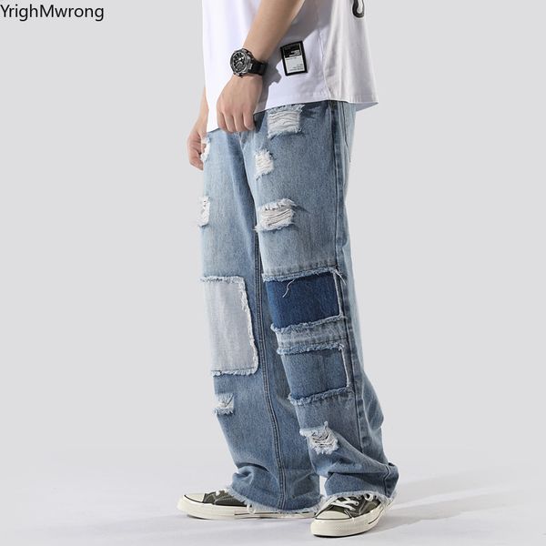 

woman men plus size loose oversized baggy ripped hole contrast patchwork streetwear loose straight hip hop jeans denim punk pant, Blue