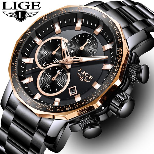 

reloj hombre 2019 lige new sport men watches quartz full steel male watch waterproof chronograph clock, Slivery;brown