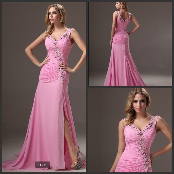 

vestido de festa 2019 pink chiffon mermaid beaded evening dress pleated v neck with side slit sheer back evening gowns sale, Black;red