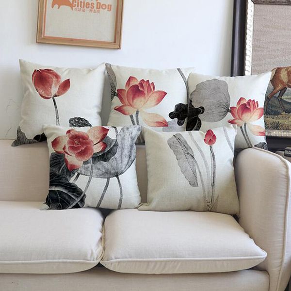 

creative pillow case retro chinese style lotus pillowcase polyester seat cushion cover office sofa home decoration pillow covers