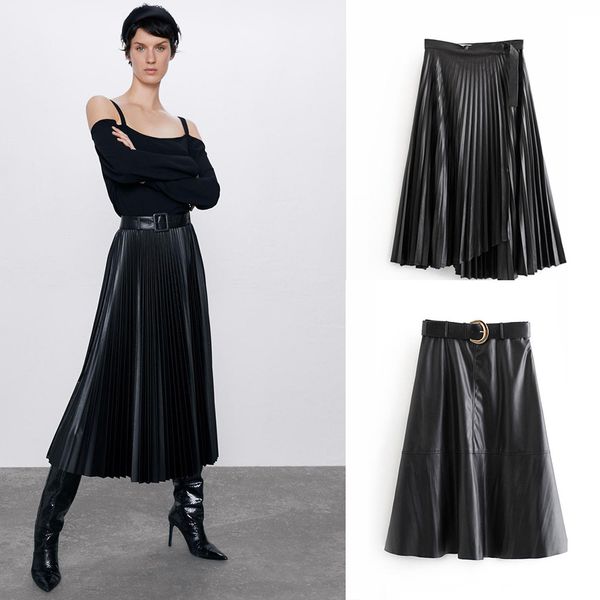 

2019 women fashion skirt pu imitation leather pleated skirt autumn winter high waist belt irregular office lady retro black