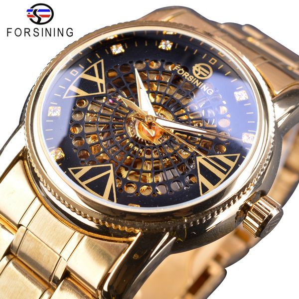 

forsining royal golden skeleton diamond display men transparent creative wristwatch brand luxury steel automatic watch clock, Slivery;brown