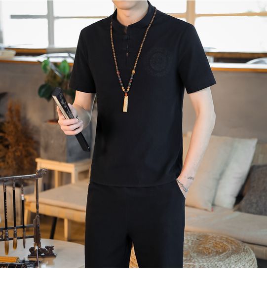 

2019 men's casual chinese men's tang suit cotton linen buckle set short-sleeved trousers casual ethnic style, Gray