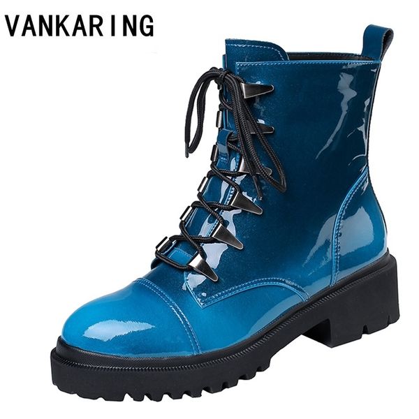 

brand fashion lace-up rivets patent leather autumn winter snow ankle boots for women cozy casual round toe platform work boots, Black