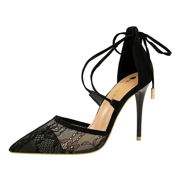 

nice elegant lace women pumps high heels vogue summer wedding shoes women pointed toe party shoes cross-tied 10cm pumps, Black