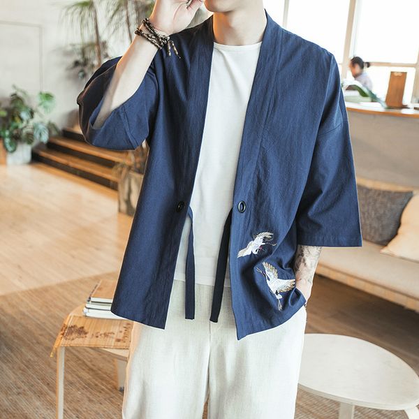 

large size new style fashion embroidered chinese-style chinese clothing cardigan jacket men's three-quarter-length sleeve men ja, Black;brown
