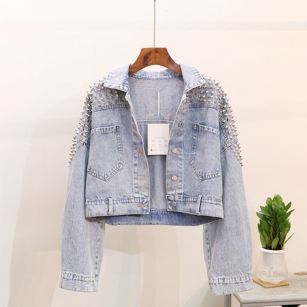 

2019 good quality jacket rivets beading cool long sleeve women cropped abrigo mujer chaquetas mujer women denim coat, Black;brown