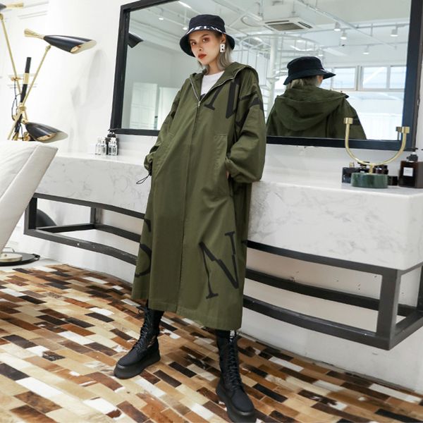 

johnature new autumn women clothes trench 2019 long hooded plus size streetwear fashion zippers letter print loose women coats, Tan;black