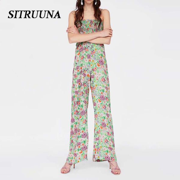 

stiruuna women summer sleeveless boho jumpsuits vintage print floral female elastic jumpsuits casual holiday lady beach rompers, Black;white