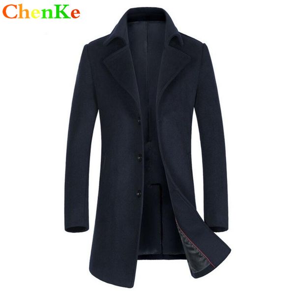 

chenke 2018 new winter woolen long peacoat men slim fit casual thick overcoat mens warm windbreaker coat jackets, Black