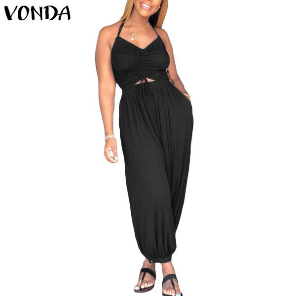 

vonda rompers womens jumpsuit sleeveless backless halter solid harem pants casual baggy hollow overalls plus size playsuit, Black;white